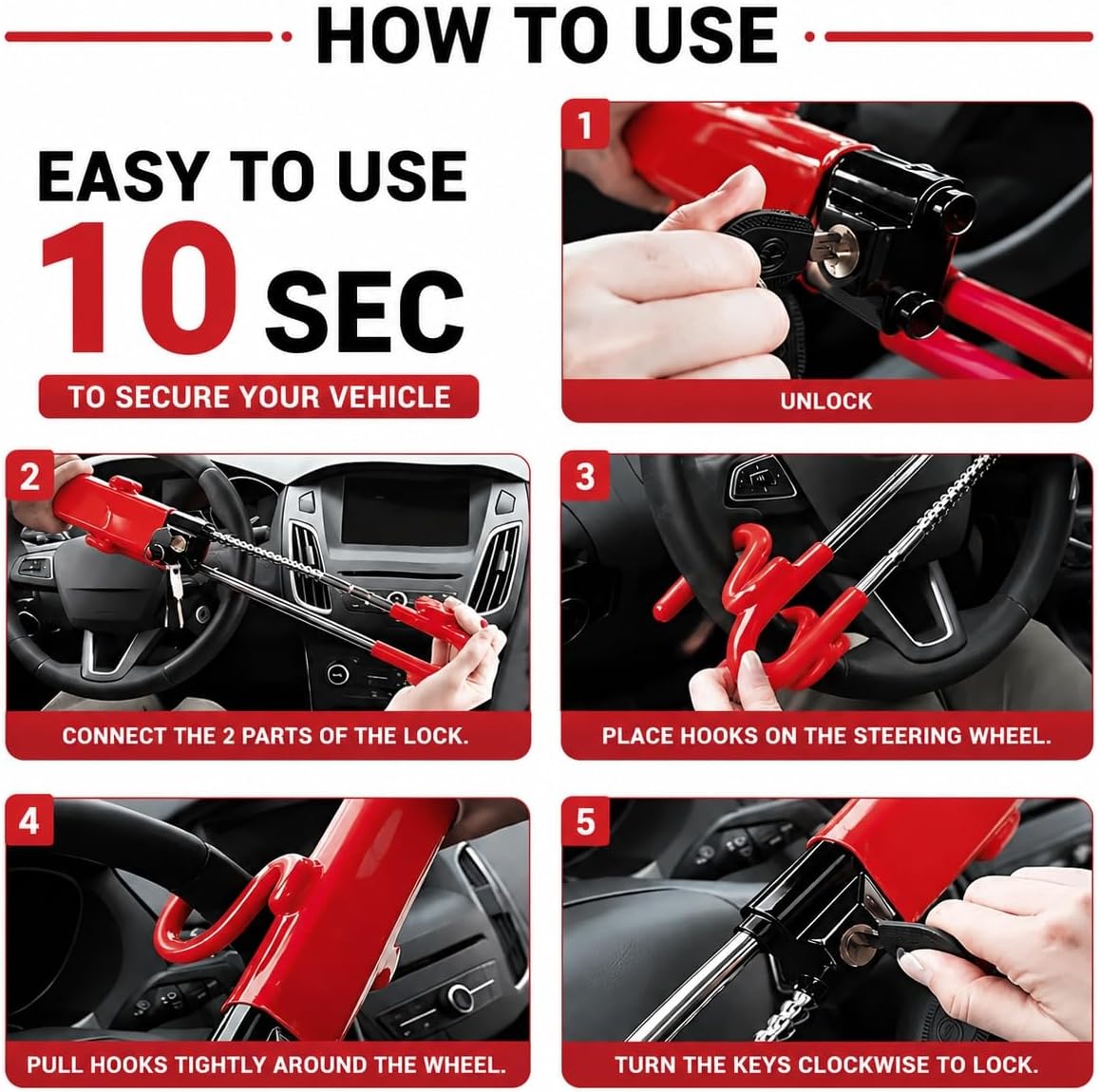 Steering Wheel Lock with Faraday Pouch for Car Keys, Upgraded Anti-Theft Protection, Universal Fit