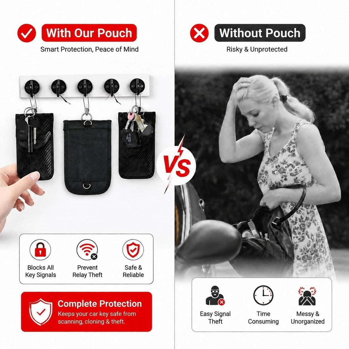 Steering Wheel Lock with Faraday Pouch for Car Keys, Upgraded Anti-Theft Protection, Universal Fit