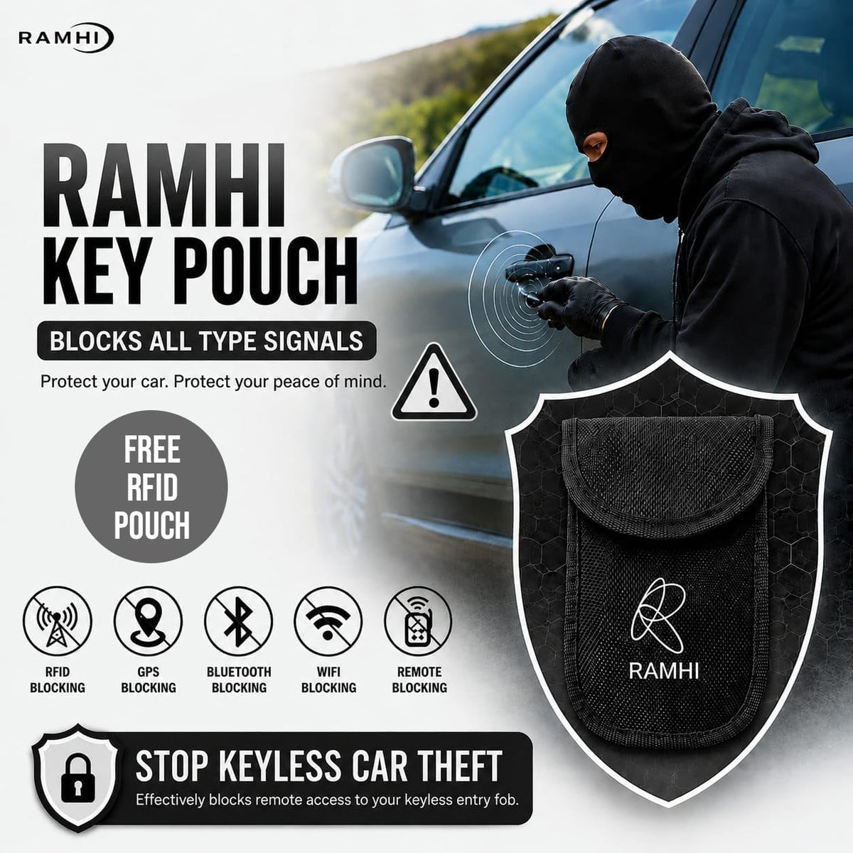 Steering Wheel Lock with Faraday Pouch for Car Keys, Upgraded Anti-Theft Protection, Universal Fit