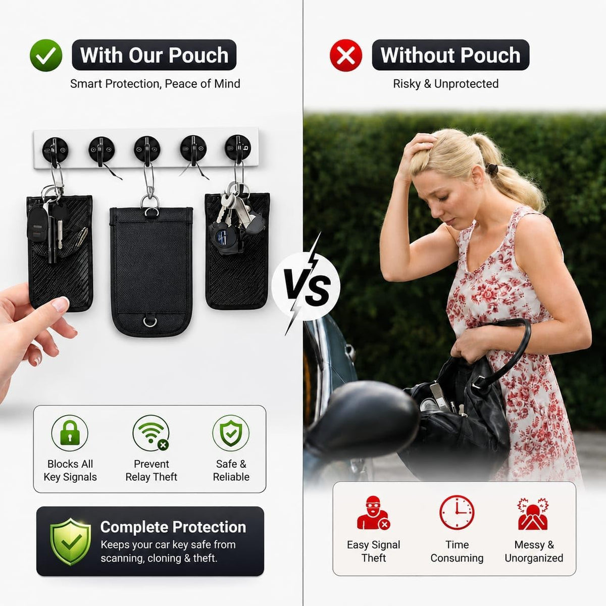 Steering Wheel Lock with Faraday Pouch for Car Keys, Upgraded Anti-Theft Protection, Universal Fit