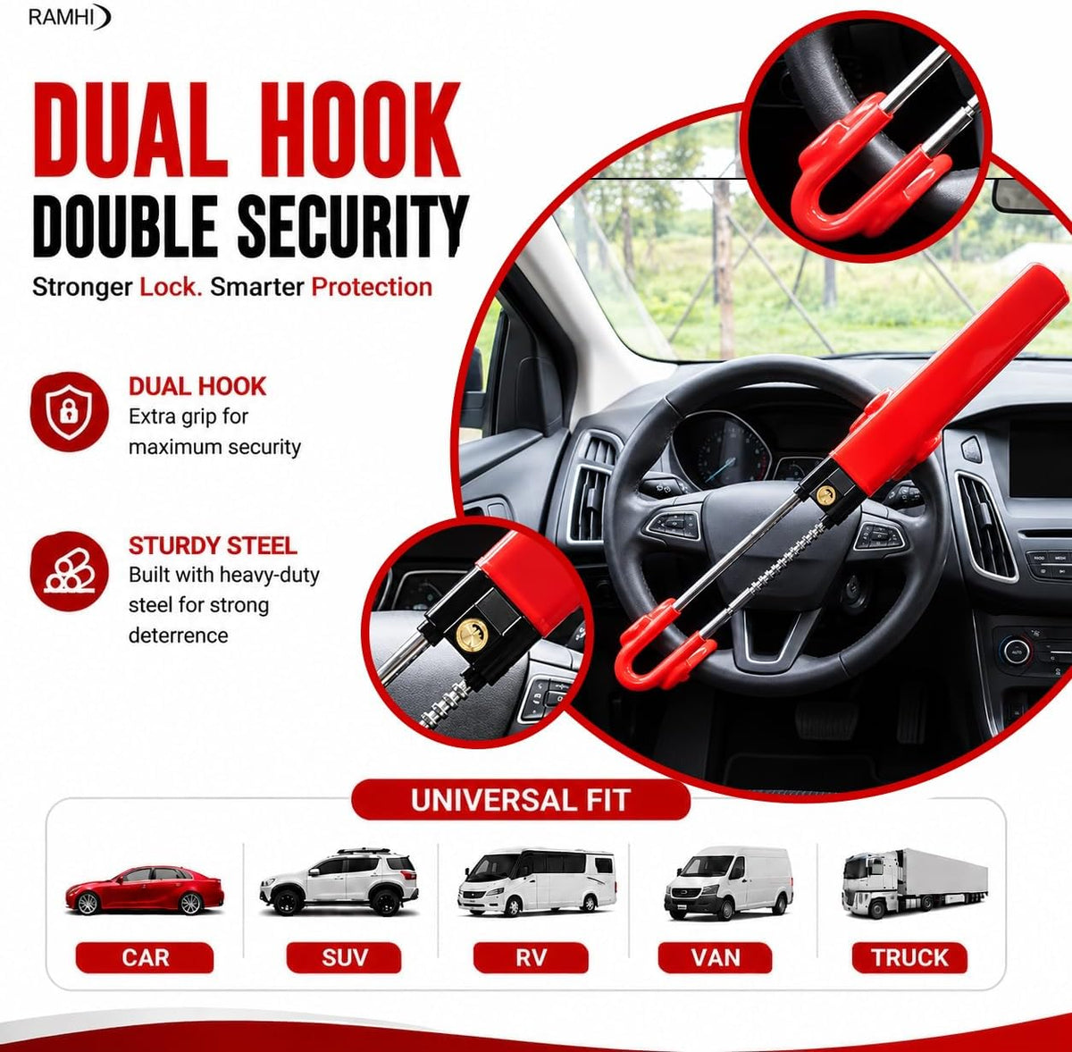 Steering Wheel Lock with Faraday Pouch for Car Keys, Upgraded Anti-Theft Protection, Universal Fit