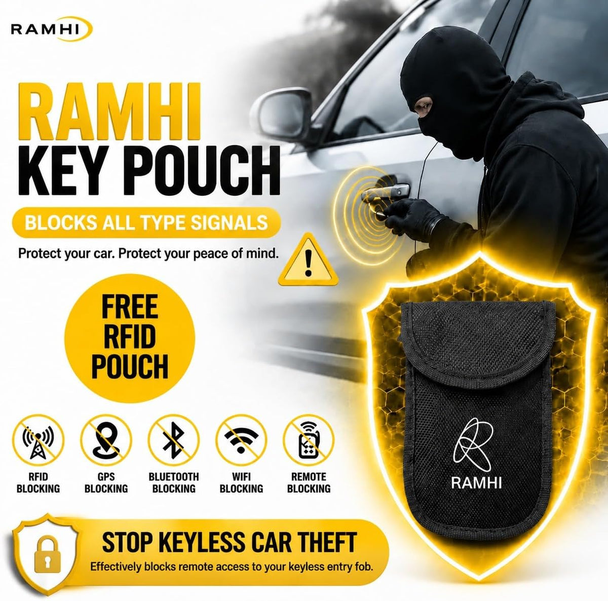 Steering Wheel Lock with Faraday Pouch for Car Keys, Upgraded Anti-Theft Protection, Universal Fit