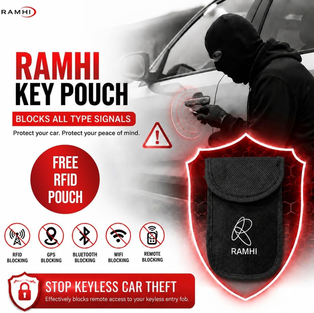 Steering Wheel Lock with Faraday Pouch for Car Keys, Upgraded Anti-Theft Protection, Universal Fit