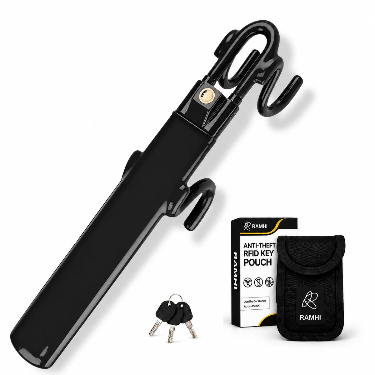 Steering Wheel Lock with Faraday Pouch for Car Keys, Upgraded Anti-Theft Protection, Universal Fit