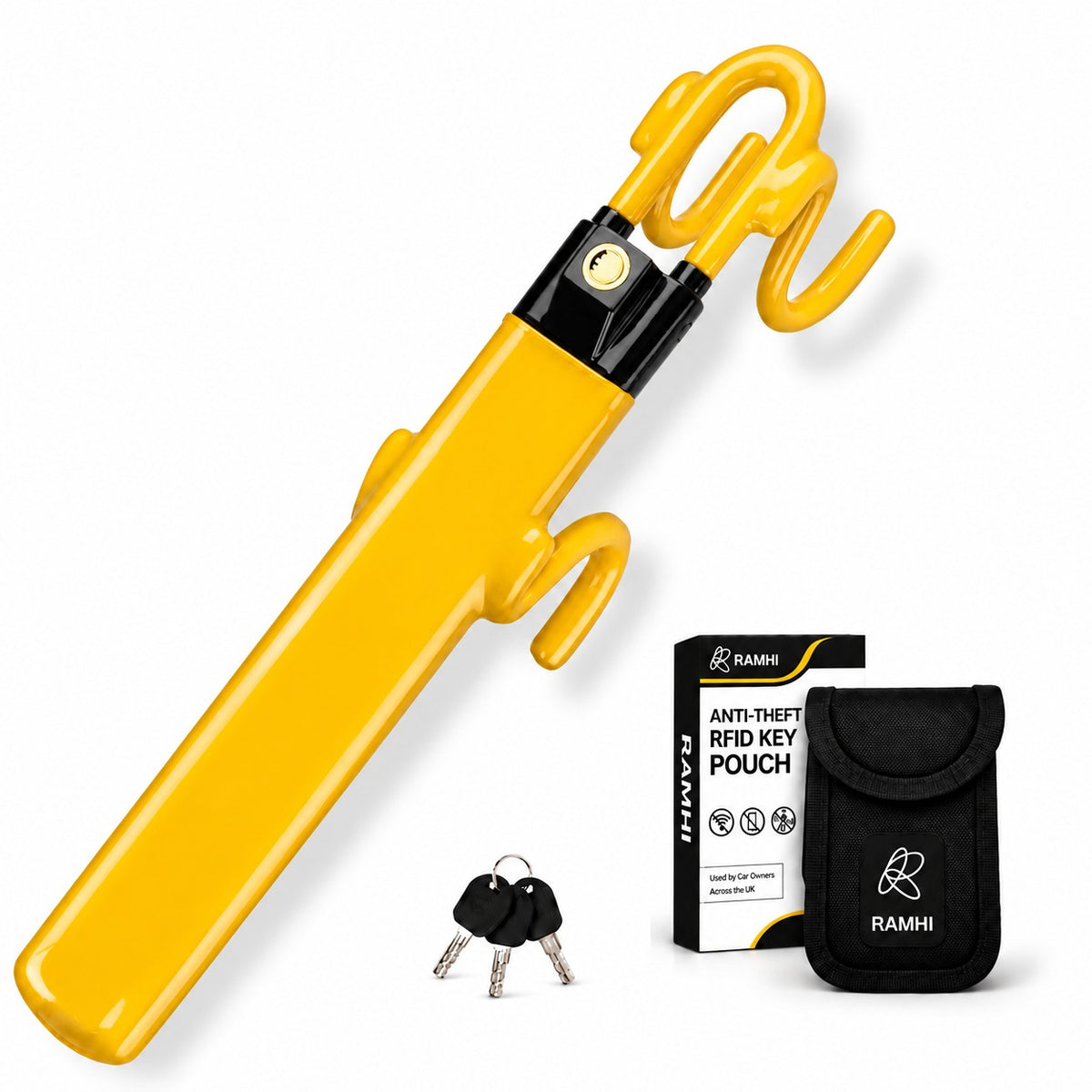 Steering Wheel Lock with Faraday Pouch for Car Keys, Upgraded Anti-Theft Protection, Universal Fit