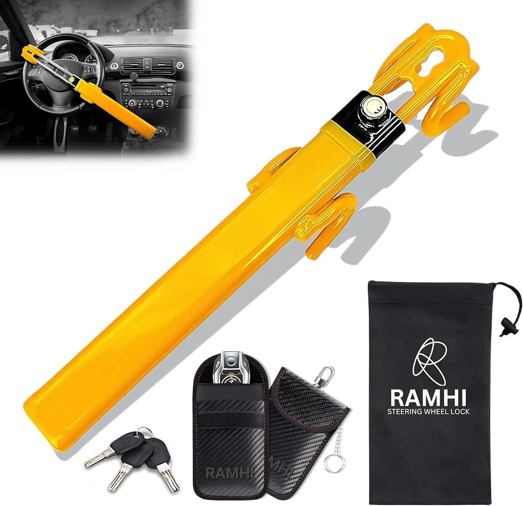 2 Designs Yellow/Black Anti-Theft Steering Wheel Lock with 2 Keys & Signal Blocker Pouch
