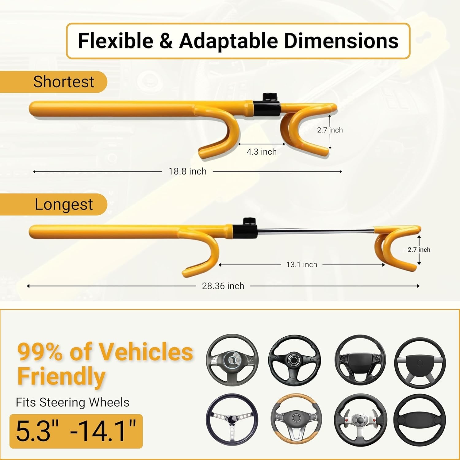 2 Designs Yellow/Black Anti-Theft Steering Wheel Lock with 2 Keys & Signal Blocker Pouch
