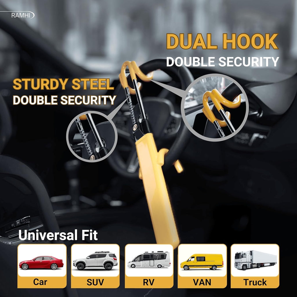 2 Designs Yellow/Black Anti-Theft Steering Wheel Lock with 2 Keys & Signal Blocker Pouch