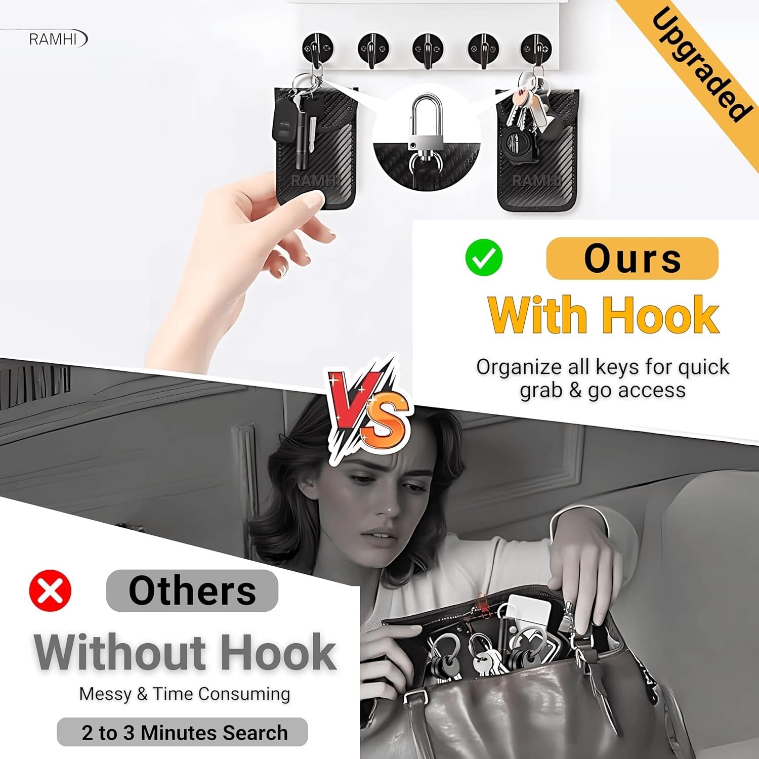 2 Designs Yellow/Black Anti-Theft Steering Wheel Lock with 2 Keys & Signal Blocker Pouch