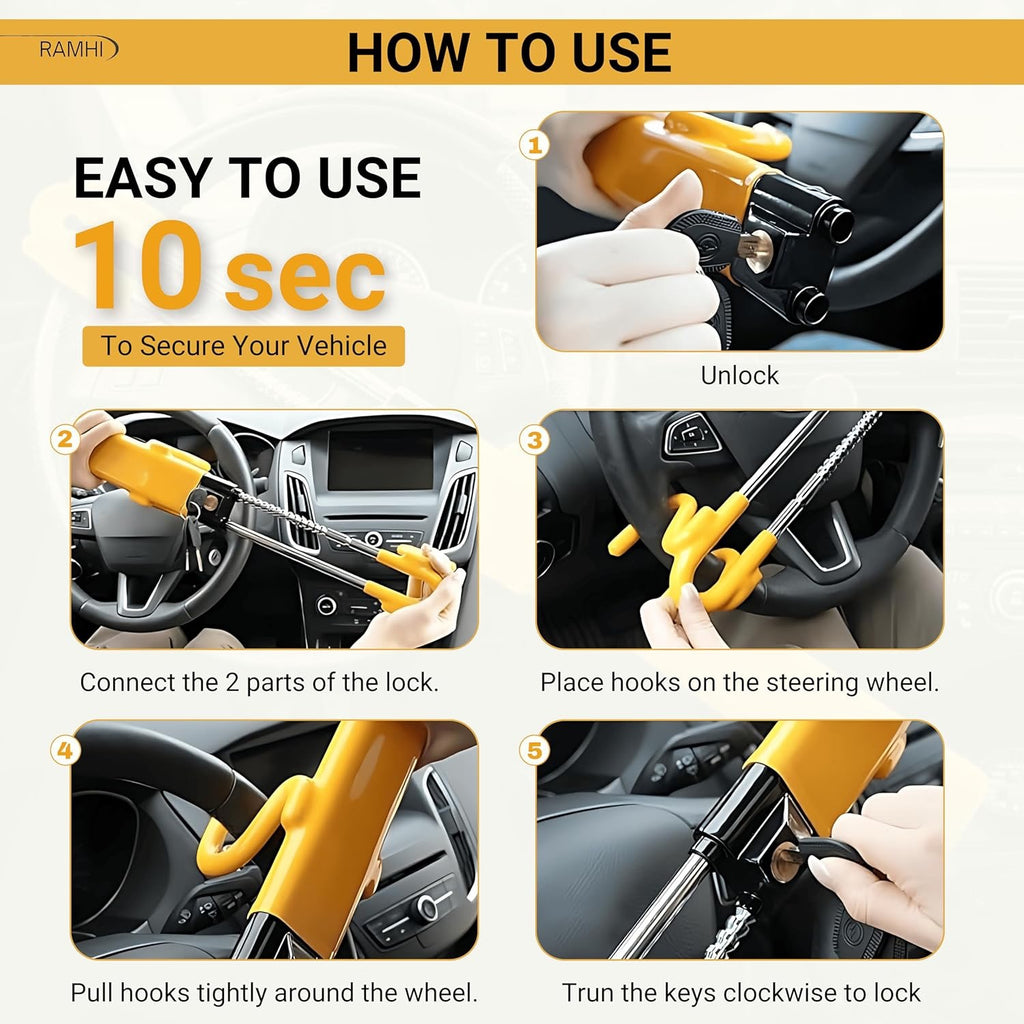 2 Designs Yellow/Black Anti-Theft Steering Wheel Lock with 2 Keys & Signal Blocker Pouch