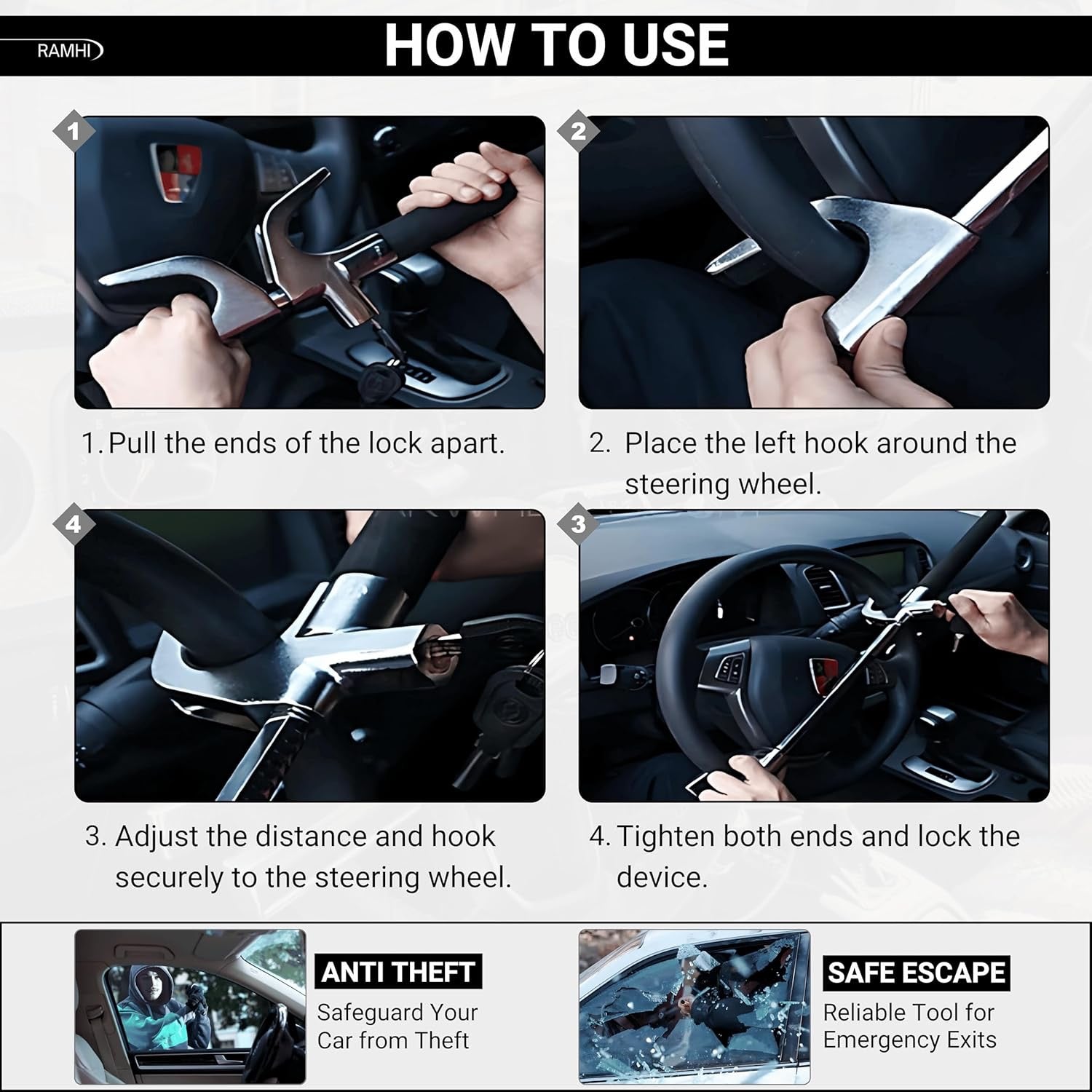 B9 Pro Heavy Duty Anti-Theft Steering Wheel Lock with Signal Blocker Pouch