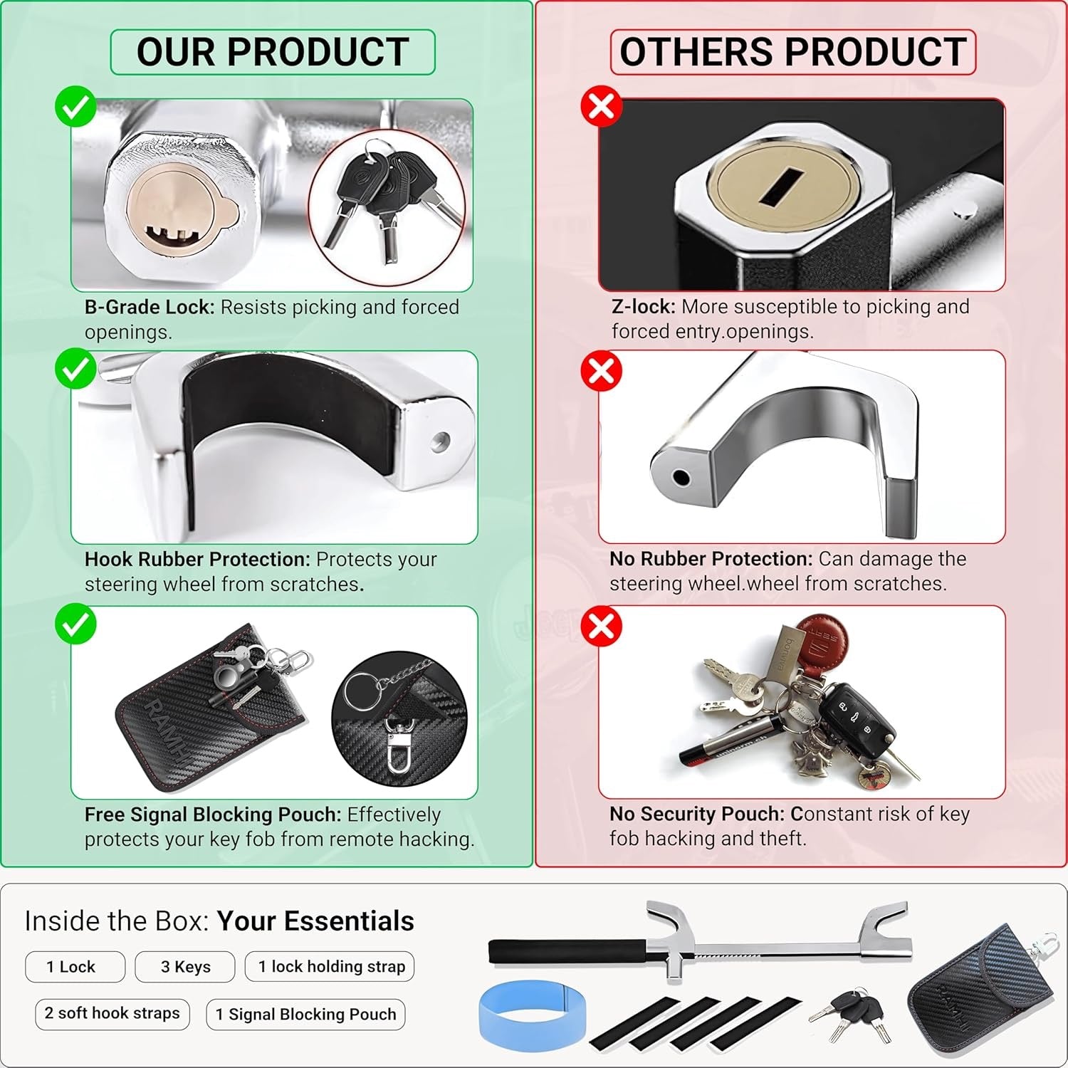 B9 Pro Heavy Duty Anti-Theft Steering Wheel Lock with Signal Blocker Pouch