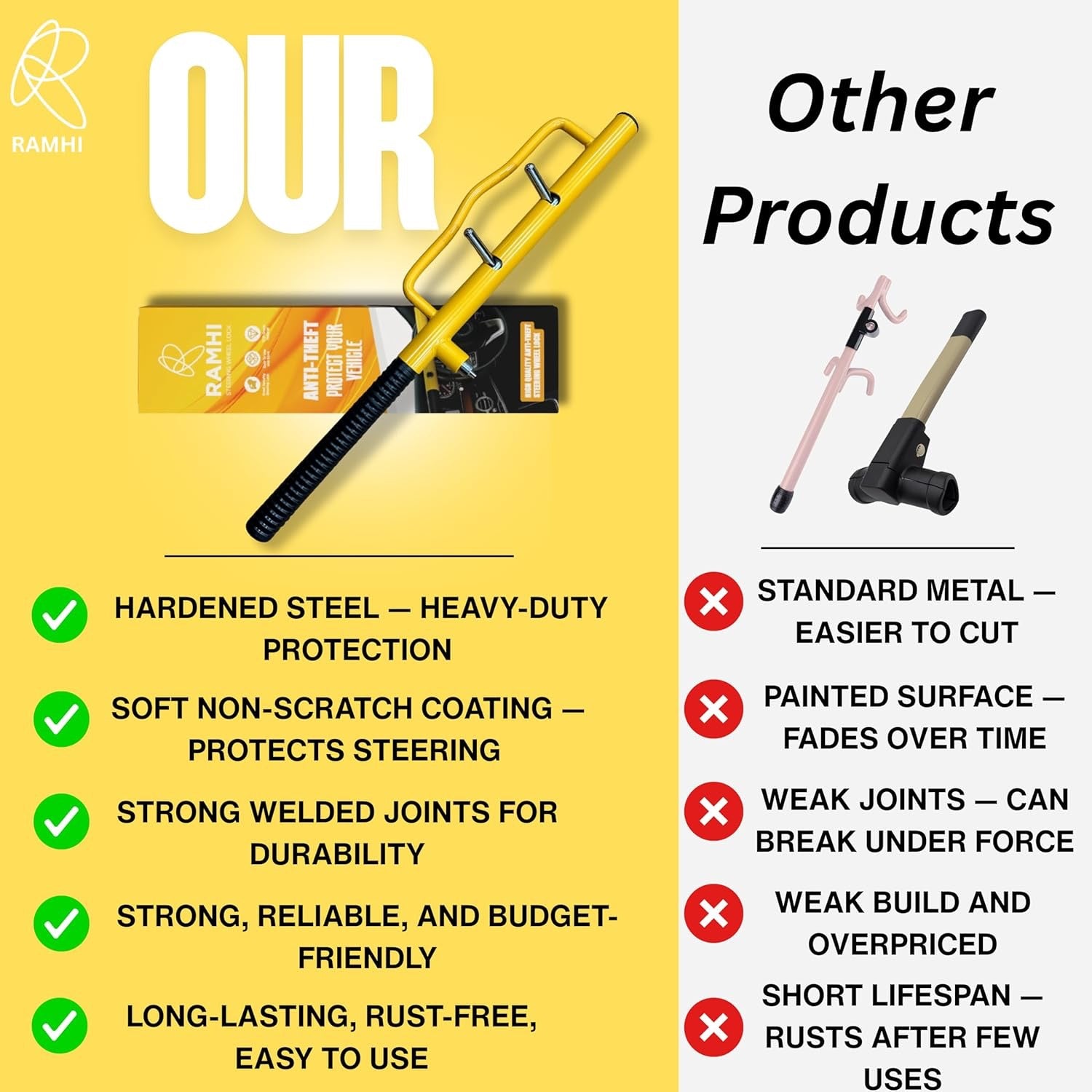 Heavy Duty Steering Wheel Lock for imported Cars, SUVs & Trucks