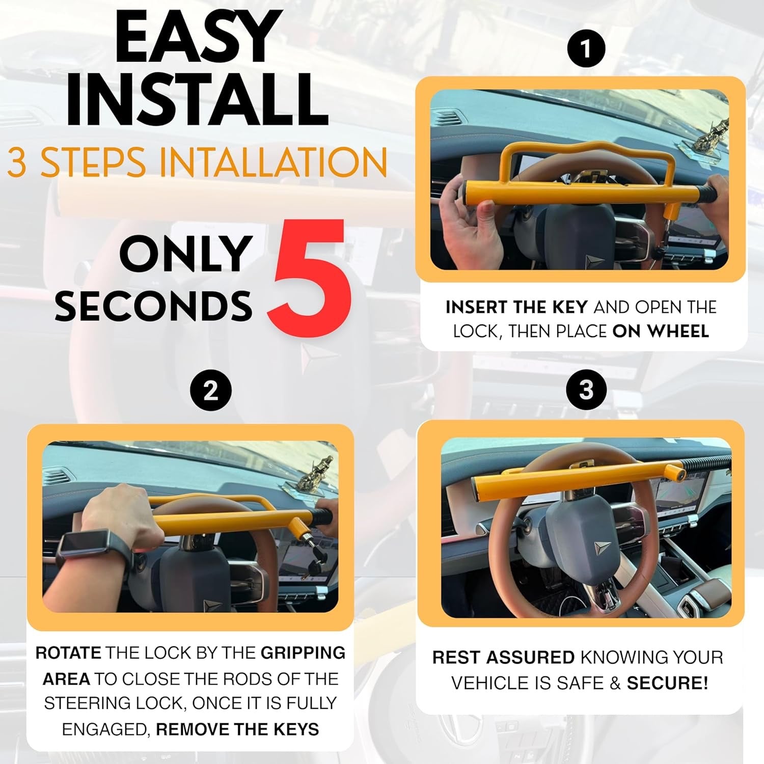 Heavy Duty Steering Wheel Lock for imported Cars, SUVs & Trucks